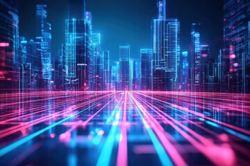 Poster - Abstract high tech skyline with neon beams crossing between buildings close up, focus on, copy space Energetic and dynamic urban design Double exposure silhouette with laser beams