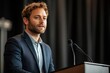 © Dhriti - Confident speaker presenting his ideas at a conference podium, Generative AI