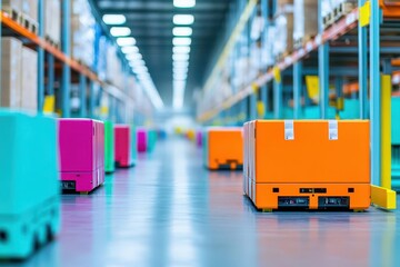 Fototapete - Automated warehouse robots moving goods, futuristic logistics, smooth operation