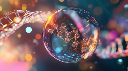 Wall Mural - A Molecular Model Enclosed in a Transparent Sphere Against a Bokeh Background