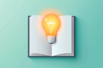 Book with a glowing light bulb in place of a bookmark, flat design, top view, innovation theme, cartoon drawing, triadic color scheme