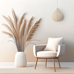 Photo of interior in aesthetic minimalist style, rattan chair and decorative plant branch in beige tones	
