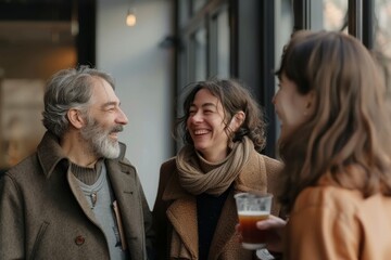 Mature man and young woman drinking coffee, talking and smiling.