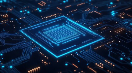 Poster - Futuristic AI circuit board with glowing blue lines, holographic layers floating, deep black metallic background, sleek and modern digital technology illustration