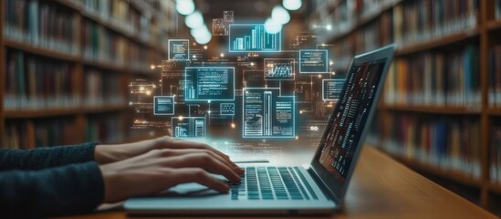 Poster - A person working on a laptop with data and information icons floating above the device, with bookshelves in the background.