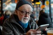 © Olsek - An elderly man in a cozy cafe wears a warm hat and reads a smartphone. He enjoys the ambiance and modern technology in this inviting setting. Generative AI