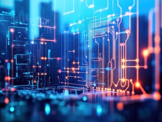 Poster - Futuristic high tech city with circuits integrated into the skyline close up