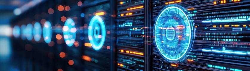 Fototapete - Futuristic server room, glowing holographic shields protecting data streams, dark neon blue hues, 3D render, lowangle shot, cyberpunk style