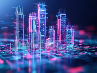 Poster - High tech futuristic city with holographic building designs close up, focus on, copy space Neon effects create depth and brightness Double exposure silhouette with tech holograms