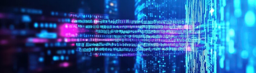 Poster - High tech skyscrapers with digital code flowing through the city close up