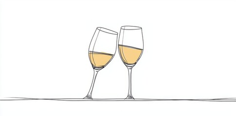 One line champagne toast. Continuous linear couple wine glasses clink. Wedding party cheers. Modern concept of minimal new year celebration with two glasses clink. Romantic festive decor.