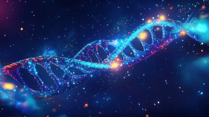 A 3D rendering of a glowing DNA double helix, a symbol of life and genetic code.