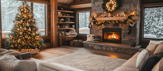 Wall Mural - Cozy living room with fireplace, Christmas tree, and warm lighting.