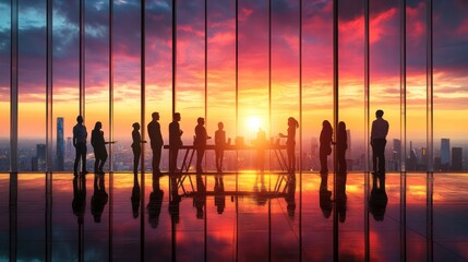 Silhouette of a group of business people standing around a table in an office,