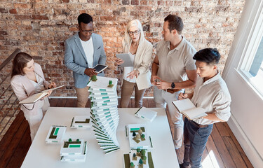 Poster - People, building model and architecture planning in office for innovation, urban development and environment aware design. Engineer team, discussion and 3D structure in firm for property construction