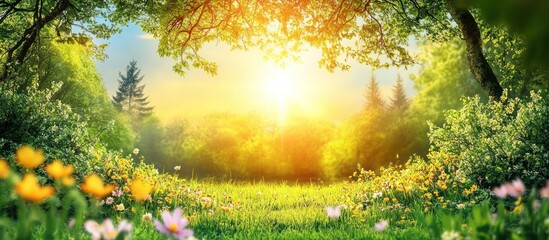 Sticker - A vibrant green meadow with colorful flowers and a warm sunset shining through the trees.