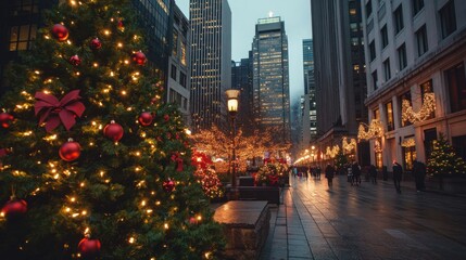 Cityscape with holiday lights on skyscrapers, streets filled with shoppers, people celebrating season in urban setting. Urban holiday celebration.