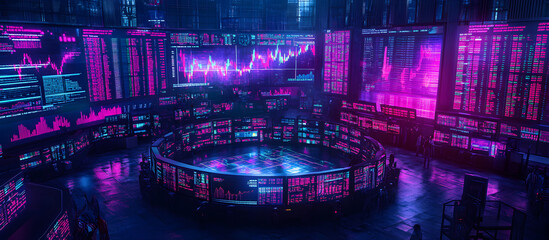 Wall Mural - a room with many computer monitors and a large screen with a purple background
