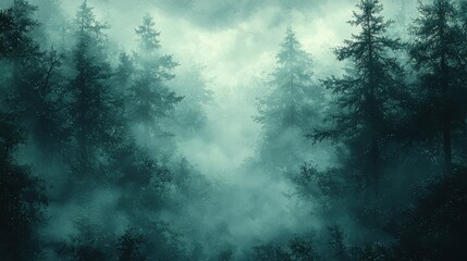 Wall Mural - misty forest landscape at dawn showcasing dense evergreens shrouded in fog, creating an ethereal and