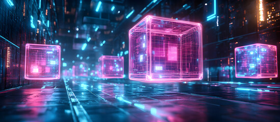 Wall Mural - a futuristic cityscape with neon pink cubes