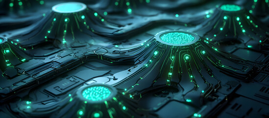Wall Mural - A futuristic cityscape with green glowing orbs and a metallic look