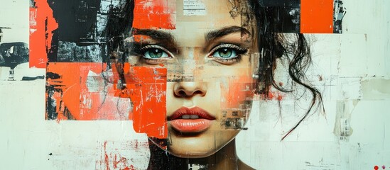 Canvas Print - Collage portrait of a woman with green eyes and red accents.