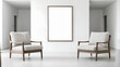 © AC - Minimalist interior with two wooden armchairs, large blank picture frame, and white walls