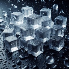 Scattered ice cubes on a dark glossy background in droplets of water. 3d Illustration	
