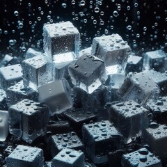 Scattered ice cubes on a dark glossy background in droplets of water. 3d Illustration	
