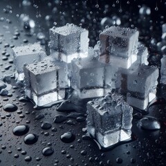 Scattered ice cubes on a dark glossy background in droplets of water. 3d Illustration	
