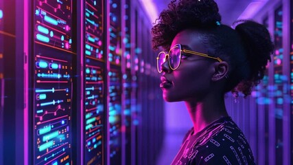 Leinwandbilder - A young woman wearing stylish glasses stands in a server room, deeply focused on the screens filled with vibrant data, showcasing her expertise in technology and data analysis.