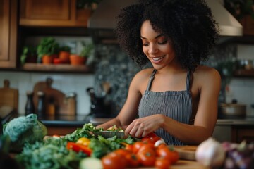 Young woman cutting vegetables in kitchen at home, Generative AI