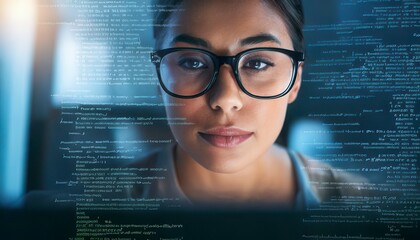 woman with glasses programmer working online for coding on laptop. Generated image