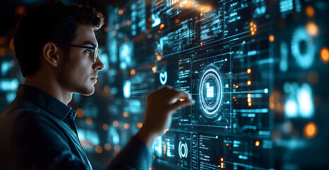 Wall Mural - a man is looking at a computer screen with a lot of numbers and symbols