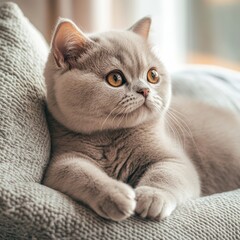 A charming British Shorthair kitten lying comfortably on a soft pillow, its round face and plush fur enhancing its cuddly appearance