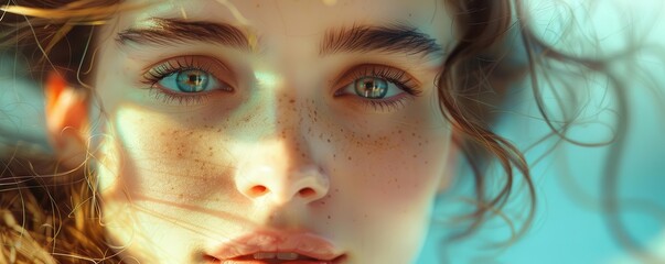 Close-up portrait of a young woman with beautiful blue eyes and flowing hair.