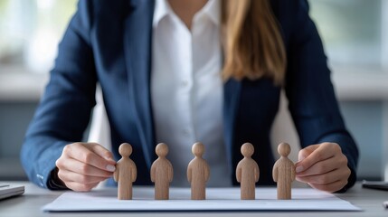 A businesswoman arranges wooden figurines, symbolizing leadership, teamwork, and management in a professional setting.