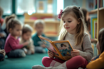 Wall Mural - Children in kindergarten at a reading lesson. Pre-school education