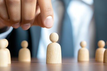 A professional hand selects a wooden figure among others, symbolizing leadership, choice, and decision-making in a business context.