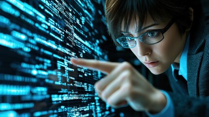 Young Programmer Intensely Focused on Complex Code and Digital Matrix