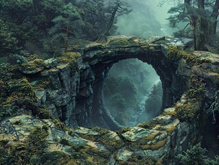 Poster - Enchanted Forest Landscape: Misty Mountain Overlook with Stone Arch