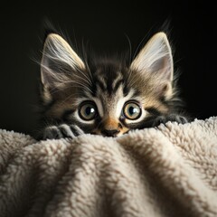 A curious kitten peering over a soft blanket, its fluffy fur and large ears enhancing its playful expression