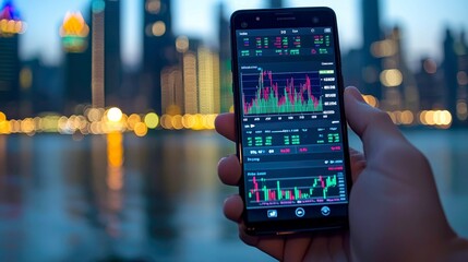 A hand holds a smartphone displaying stock market data in front of a cityscape at night.