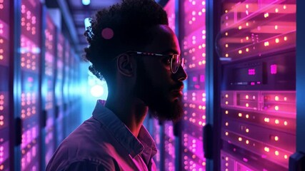 Poster - In a modern data center, an individual stands focused while observing high-tech servers surrounded by striking pink and purple lighting, highlighting the advanced technology.