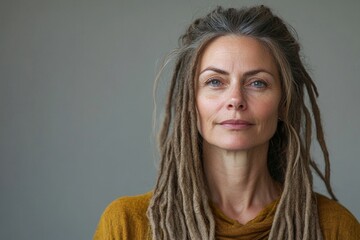 Mature woman with dreadlocks looking at the camera in a studio, Generative AI