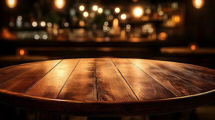 Wall Mural - Rustic wooden round table surface in warm luxury style cafe. Blur bokeh background with copy space for place display product.