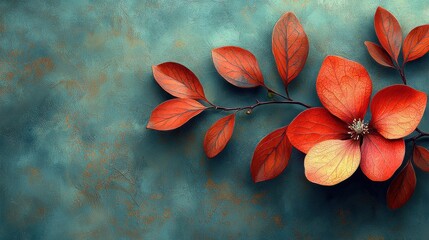 Elegant red and orange leaves with a flower against a textured blue background in an artistic composition