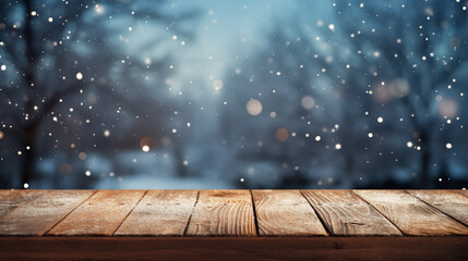 Canvas Print - Empty old wooden table with winter background. Winter or Christmas scene with mockup table on background of winter