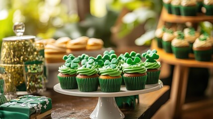 Canvas Print - A colorful array of green cupcakes, shamrock cookies, and Irish-themed decorations on a festive dessert table.