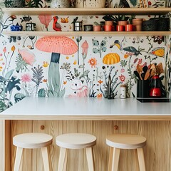 Poster - Wooden Kitchen Counter with Floral Wallpaper and Stools.